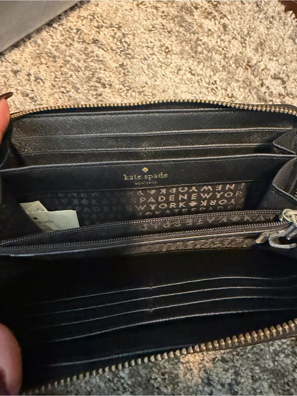 kate spade Black Saffiano Zip-Around Wallet with Gold Plaque
